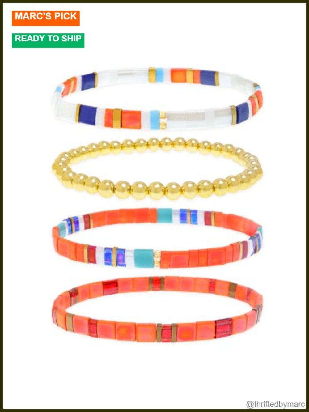 Gold Beaded Stretch Bracelet Set Glass Square Beads Boho Stackable Jewelry Gift